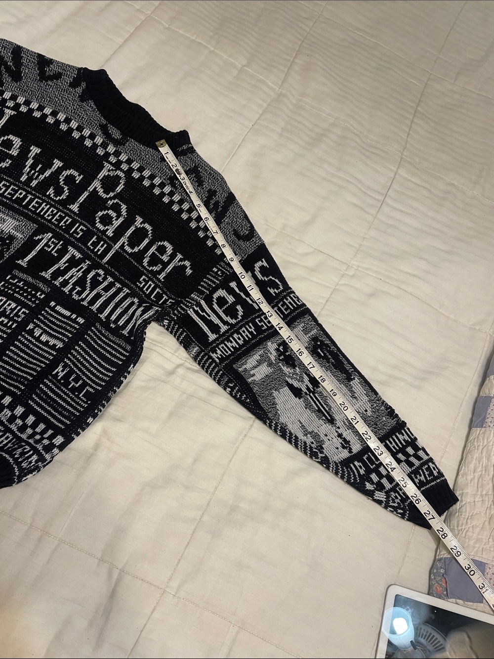 Women's Black & White Graphic 'Newspaper' Crewneck Sweater - Picture 4 of 7